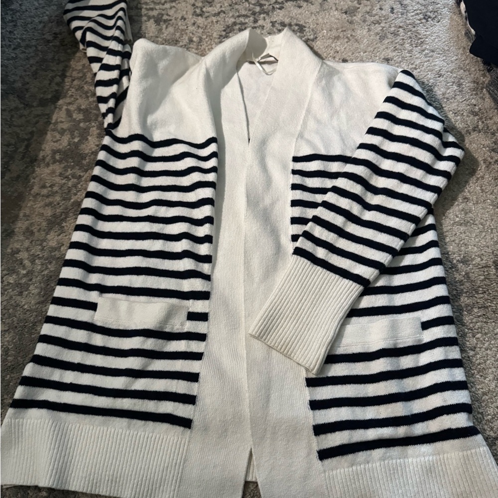LOFT Black and White Striped Cardigan